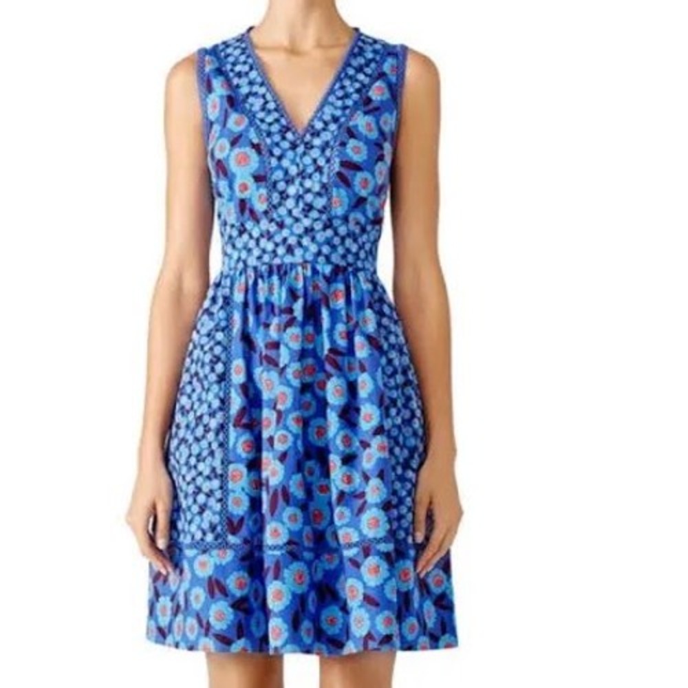 Kate Spade New York Blue Floral Eyelet Pom Pom Fit & Flare Dress Size 6